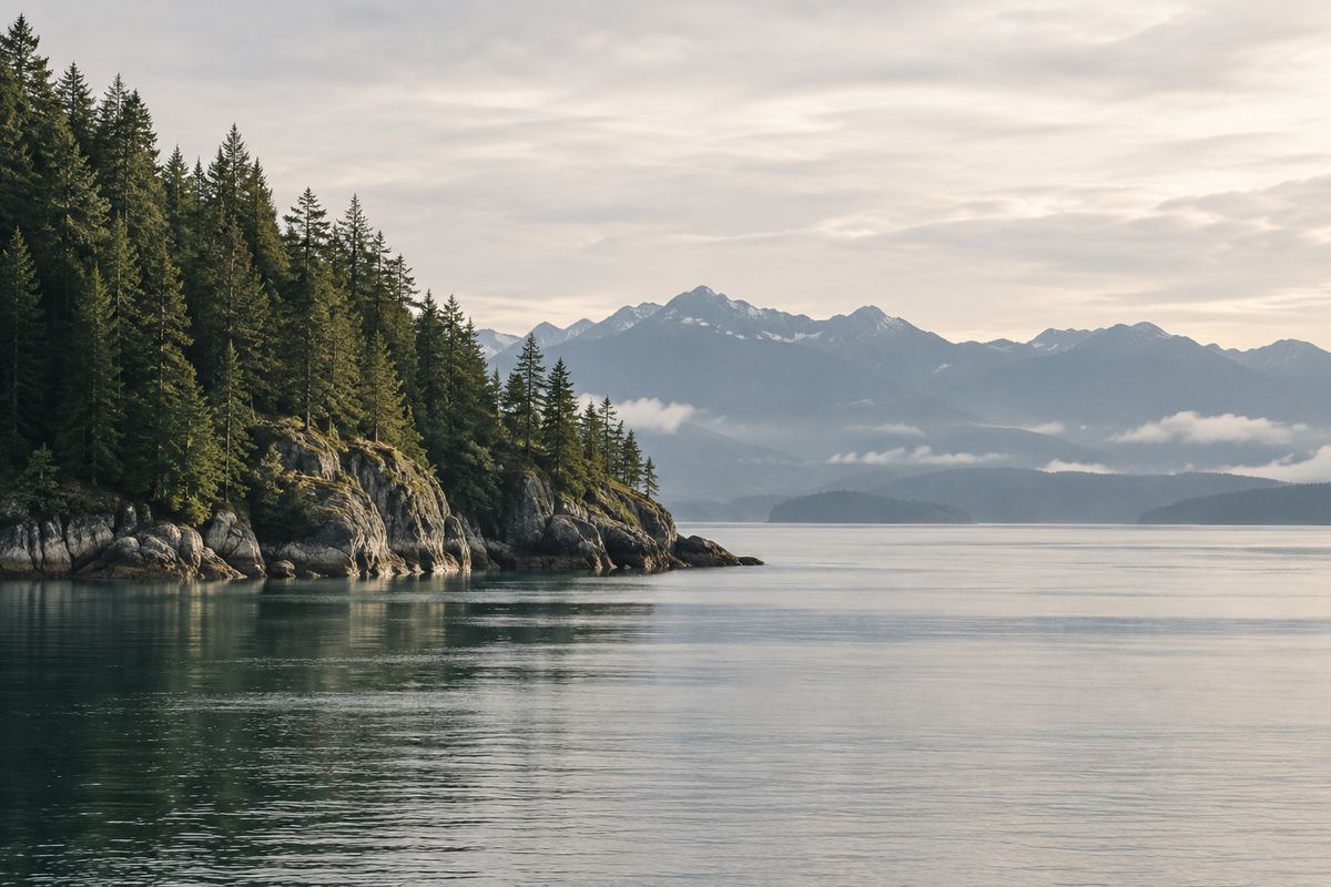 Quiet Puget Sound water with a forested peninsula and the Olympic mountains beyond