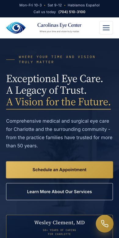 Carolinas Eye Center on a phone: the same site at phone width