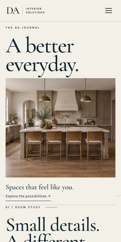 DA Interior Solutions on a phone: the same site at phone width