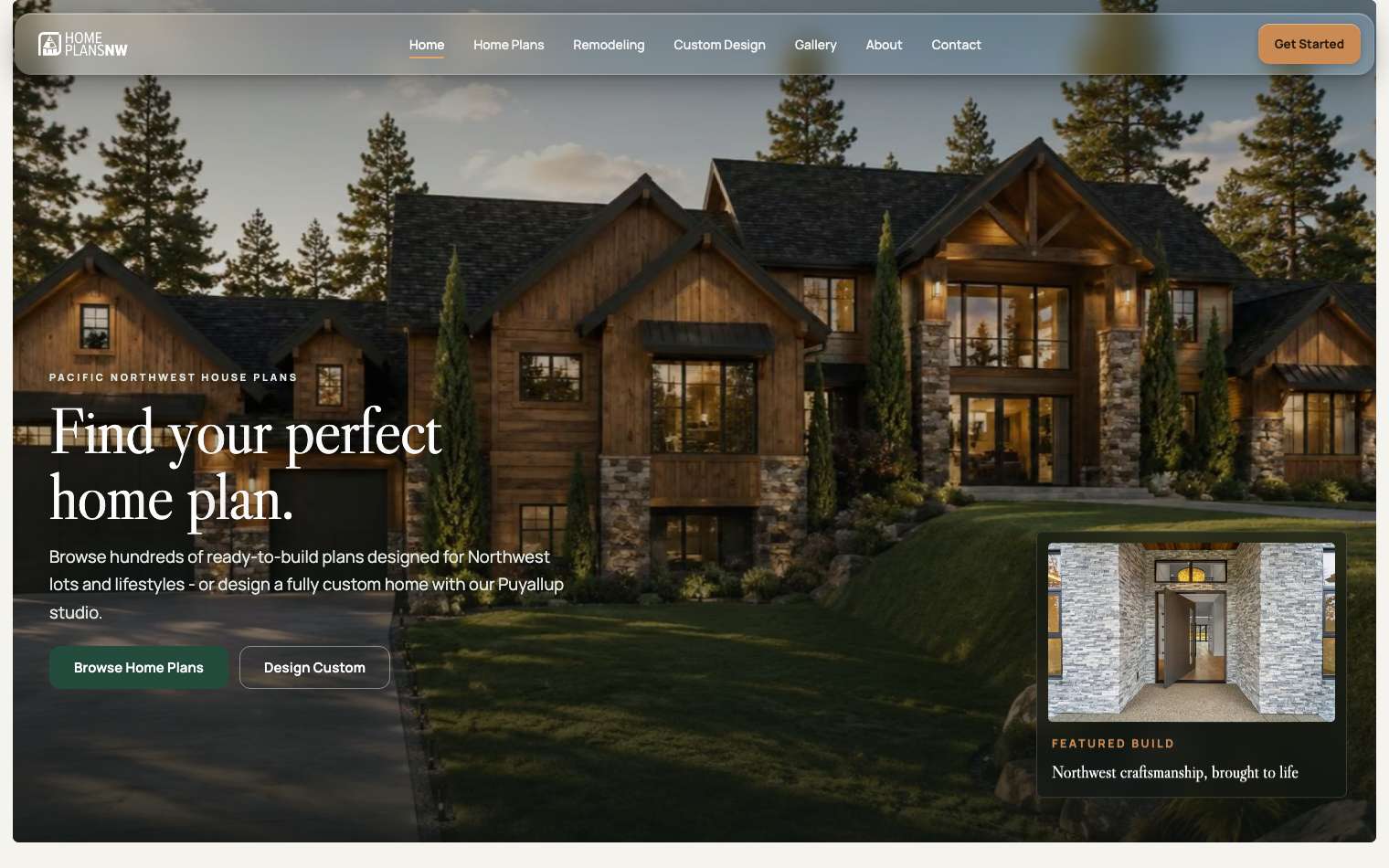 Homepage of Home Plans NW, a stock house plan library built by Narrows Web Co.