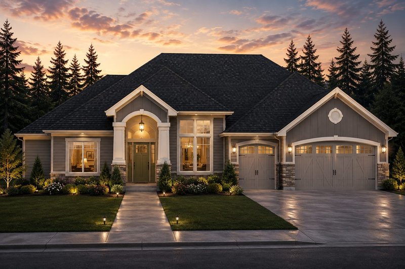 Rendering of Home Plans NW plan 2470-A, a single-story house, at dusk