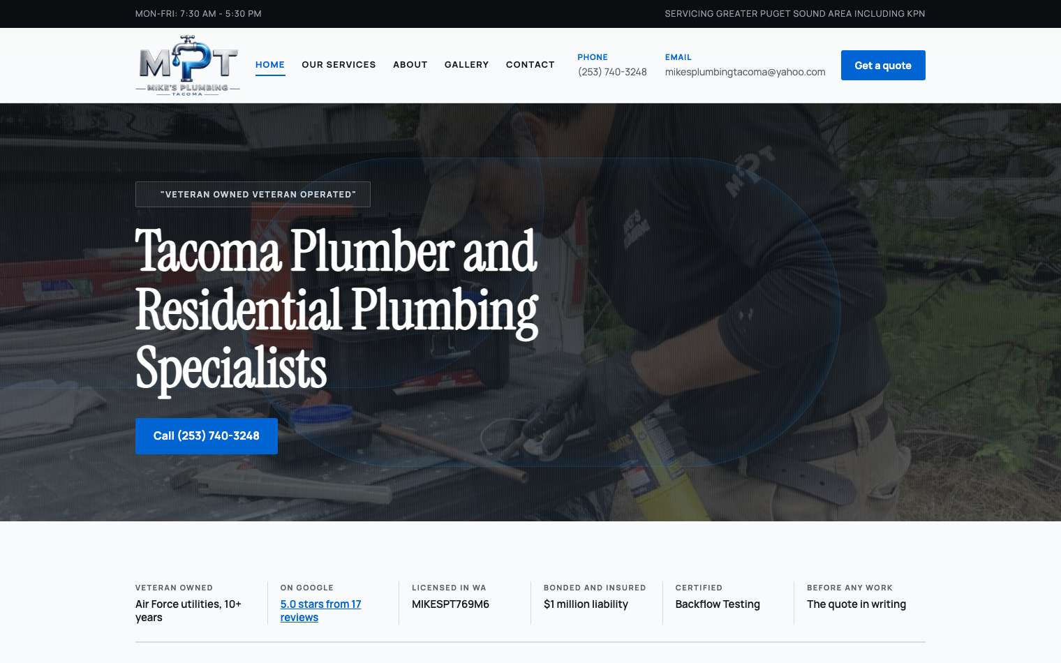 Homepage of Mike's Plumbing Tacoma, a veteran-owned plumbing site rebuilt by Narrows Web Co.