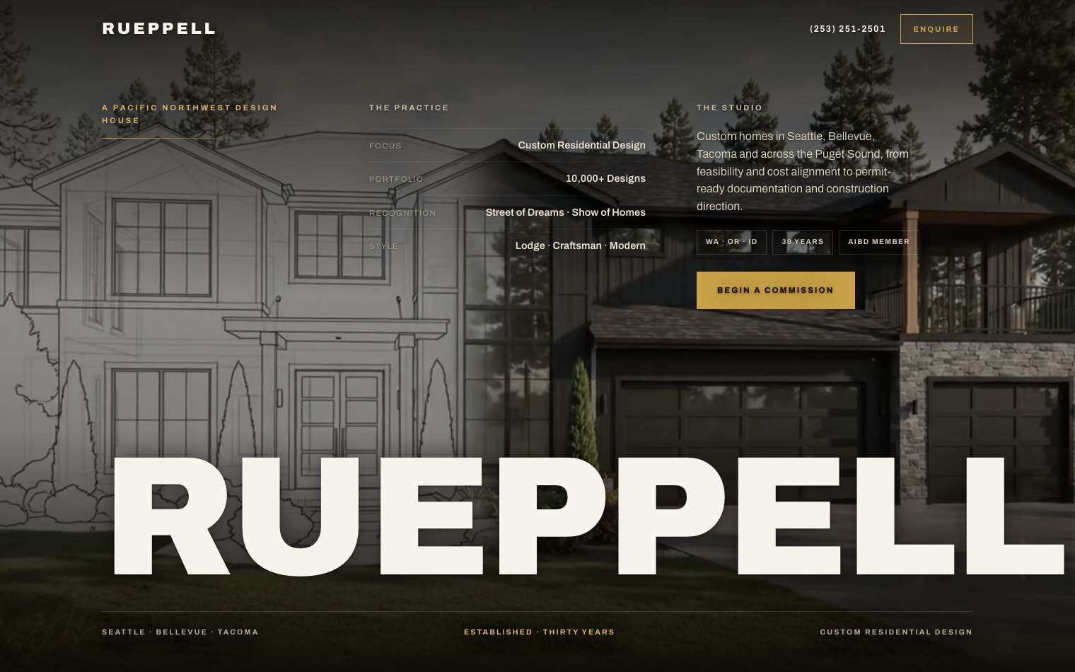 Homepage of Rueppell, a Pacific Northwest custom residential design house, built by Narrows Web Co.