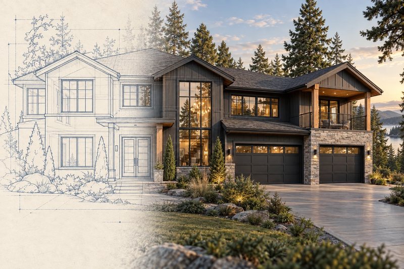 A house drawn as an architectural sketch on one side and shown as a finished rendering on the other